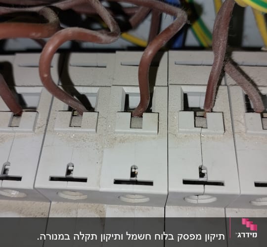 חוטי חשמל מחוברים למפסקי חשמל בלוח חשמל